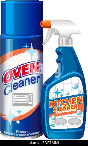 Two cleaning product bottles with bold labels, bright colors, and reflective highlights on white background Stock Vector