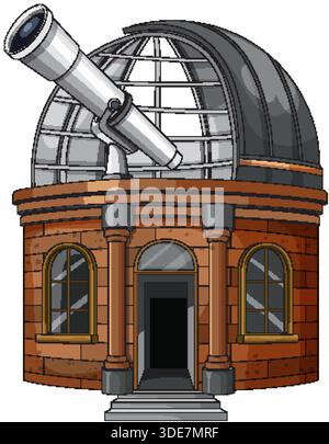 Vector illustration of brick observatory with glass dome, large telescope, frontal view, clean lines Stock Vector