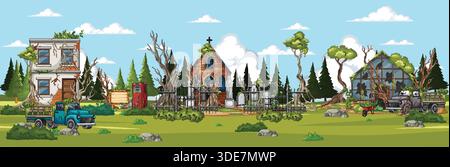 Side-scrolling pixel landscape of abandoned village, graveyard, and trucks under clear blue sky Stock Vector