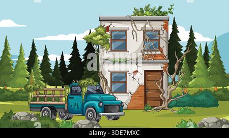 Cartoon abandoned house with rusty pickup truck, overgrown vegetation, cracked walls, bright daytime lighting Stock Vector
