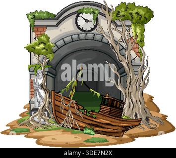 Vector illustration of ruined tunnel, decayed wooden boat, and twisted trees in overgrown landscape Stock Vector