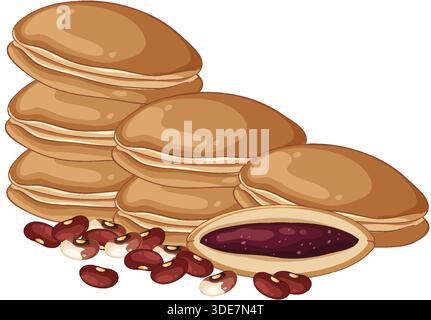 Vector illustration of dorayaki pancakes and red bean paste, clean lines, flat colors, white background Stock Vector