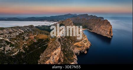 Mallorca, Spain - Aerial panoramic view of the cliffs of Cap de Formentor at sunrise, the northernmost point of Mallorca on the Formentor peninsula wi Stock Photo