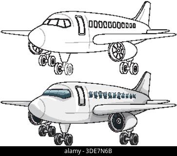 Two cartoon passenger airplanes, one outlined and one colored, in clean front three-quarter view Stock Vector