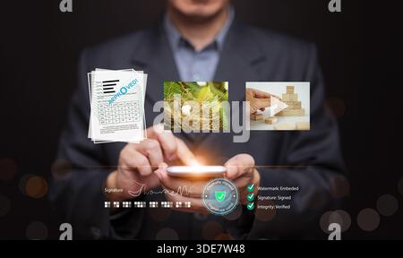 Businessman using smartphone to access verified digital documents, nature image, business concept video. Online asset protection, trusted approval, se Stock Photo