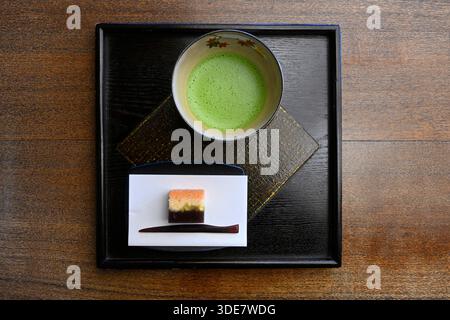 Closeup of traditional japanese bowl with fresh green matcha tea,Japan. Stock Photo