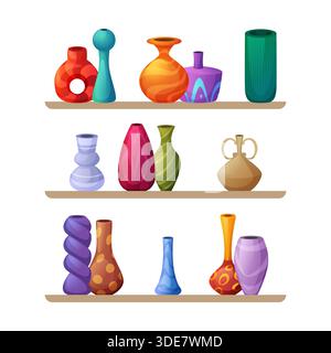 Decorative vases. a set of multi-colored vases of different shapes. vases on the shelves Stock Vector