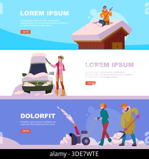 Snow time. vector banners with People shoveling snow on streets Stock Vector