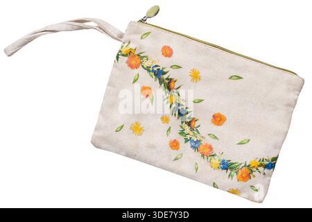 Canvas zipped pouch with floral print isolated over white Stock Photo