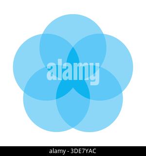 Blue five circle venn diagram forming a rounded floral intersection shape vector infographic for data balance chart model geometric business element Stock Vector