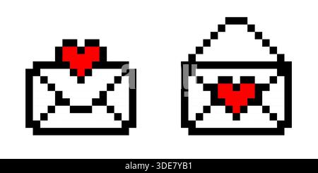 Pixelated love letter mail envelope with red heart icon in vintage videogame style designed for arcade game graphics vector art romantic background Stock Vector