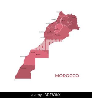 Map of Morocco with Regions Borders and Famous Cities Stock Vector