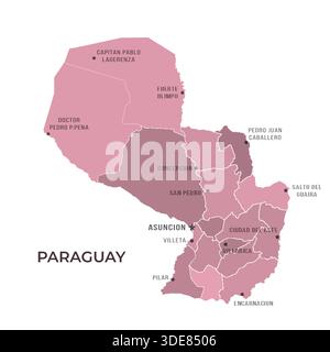 Map of PARAGUAY with Regions Borders and Famous Cities Stock Vector