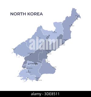 Map of NORTH KOREA with Regions Borders and Famous Cities Stock Vector