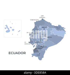 Map of ECUADOR with Regions Borders and Famous Cities Stock Vector