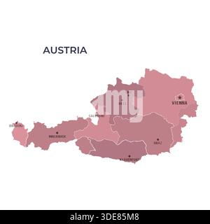 Map of AUSTRIA with Regions Borders and Famous Cities Stock Vector