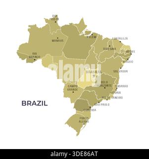 Map of BRAZIL with Regions Borders and Famous Cities Stock Vector