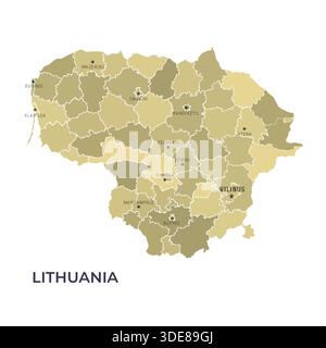 Map of LITHUANIA with Regions Borders and Famous Cities Stock Vector
