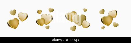 Set Golden 3D heart icon with luxurious metallic finish and glossy effect, perfect for romantic Valentines Day cards, wedding invitations, and love Stock Vector