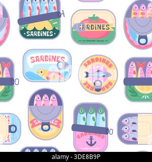 Sardines cans seamless pattern. Fish preserves retro design, doodle sardine in can. Italian food, seafood, popular canned fish. Print template, racy Stock Vector