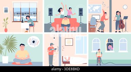 Urban noise pollution. Neighbours doing repair, play music and dancing. Modern city life neighborhood problems. Unhappy apartment citizens, noisy Stock Vector