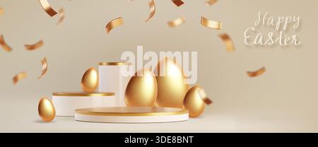 Happy Easter banner with round podiums and golden eggs on beige background. Vector realistic illustration of three round platforms, shiny gold confetti on pastel backdrop, holiday sale presentation Stock Vector