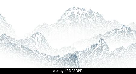 Grain mountain background with blue dot texture on white. Vector illustration of mountain ridge landscape with high summits and snow peaks, color spray effect, halftone gradient design, point art Stock Vector