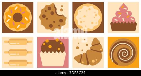 Geometric pattern for bakery design. Vector illustration of seamless tiles with doodle cinnabon, muffin, croissant, cookie, donut and rolling pin, fresh baked food, hand drawn pastry menu mosaic Stock Vector