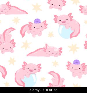 Axolotls seamless pattern. Cartoon axolotl floating on bubble, sleeping, with octopus on head. Mexican reptile fabric print template, decorative racy Stock Vector