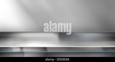 Stainless steel kitchen counter with wall background - metallic silver table top surface in modern cooking space. Industrial metal workspace with smooth polished texture and reflective finish. Stock Vector