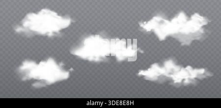 Fluffy white clouds on transparent background - realistic soft smoke forms with natural sky texture and blurred edges. Vector set of various cloud shapes for weather graphics or atmospheric design. Stock Vector