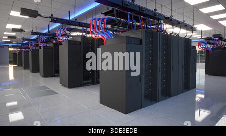 Server Room with Rows of Server Cabinets Stock Photo