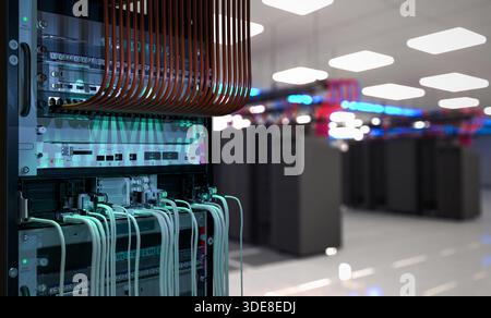 Server Room Network Infrastructure, data center, server rack, network cables Stock Photo