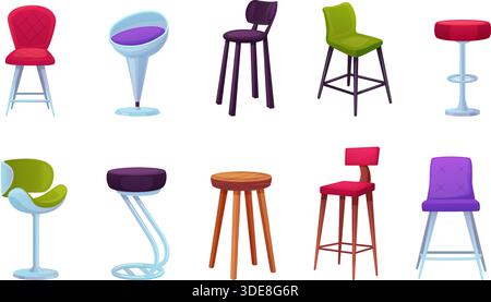 Cartoon bar stools. Isolated tall stool for cafe, restaurant, beach bar. Modern and vintage chairs, wood metal, plastic furniture nowaday vector set Stock Vector