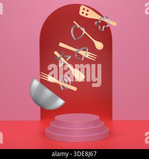 Set of baking bowl, cookie cutters, and wooden kitchen utensils suspended mid-air on abstract background, symbolizing culinary creativity concept Stock Photo