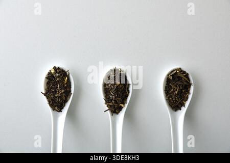 Three white ceramic spoons filled with dried black tea leaves isolated on a white background. Top view. Stock Photo