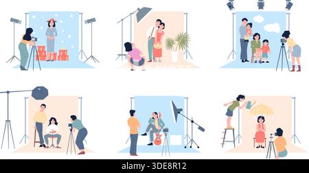 Photographer in studio. Photography process with different models. Professional photographers working with couples, families, single, recent vector Stock Vector