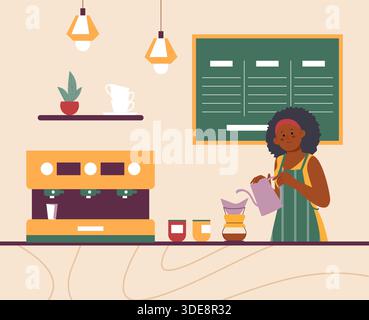 Female barista doing filter coffee at counter. Cafe or bar worker, professional waiter. Woman prepares and sells hot cold drinks, vector scene Stock Vector