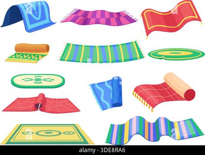 Cartoon cozy carpets. Various floor rugs with different patterns. Home mats for living room, bathroom or hallway. Decorative carpet, nowaday vector Stock Vector
