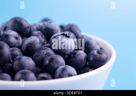 Blueberries on a macro scale. Dark berries in bowl close-up. Ripe blueberries isolated on blue background. Healthy, natural fruit. Stock Photo