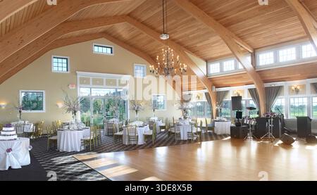 Banquet hall set up for elegant wedding prior to event, Pennsylvania USA Stock Photo