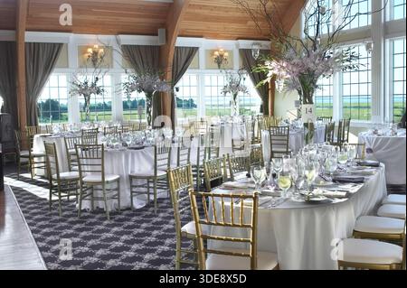 Banquet hall set up for elegant wedding prior to event, Pennsylvania USA Stock Photo