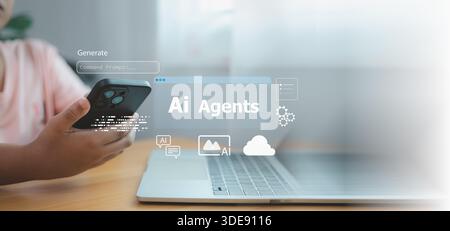 Close up of child hand using smartphone and laptop with AI Agents interface icons, automation technology concept for future business efficiency and sm Stock Photo