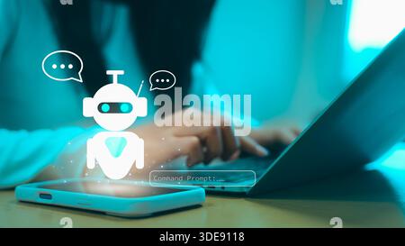 Close up of hands using smartphone with AI chatbot icon and command prompt. Concept of artificial intelligence, machine learning, customer service aut Stock Photo