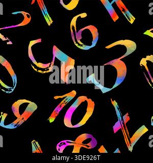 Grunge colored numbers vector seamless pattern on black background. hand drawn. Not AI, Vector illustration Stock Vector