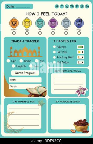 Turquoise Ramadan daily activity planner for Kids. Ibadah, goals, mood-tracking lanterns with emojis & illustrations of mosque, dates, flower Stock Vector