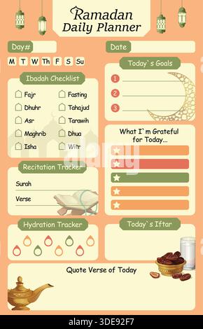 Modern boho-themed Ramadan daily Ibadah tracker & lifestyle planner. Tracking prayers, Quran reading with Earthy terracotta & muted pastel colors Stock Vector