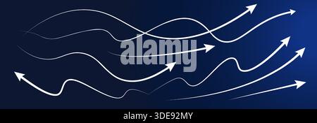 Growth arrows rising, dynamic white curve arrow paths on blue, business success trend background. Upward growth curves for finance, presentation Stock Vector