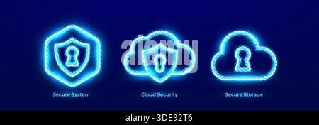Secure System Network Protection Cyber Defense Icons Set.Cloud Security Data Protection Encryption Neon Logo.Secure Storage Data Security Backup for Stock Vector