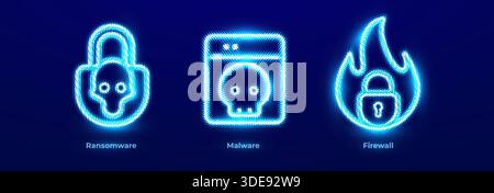 Ransomware Protection Decryption Data Lock Cyber Attack Icons Set. Malware Detection Removal Threat Scan System Safe Neon Logo. Firewall Network Stock Vector